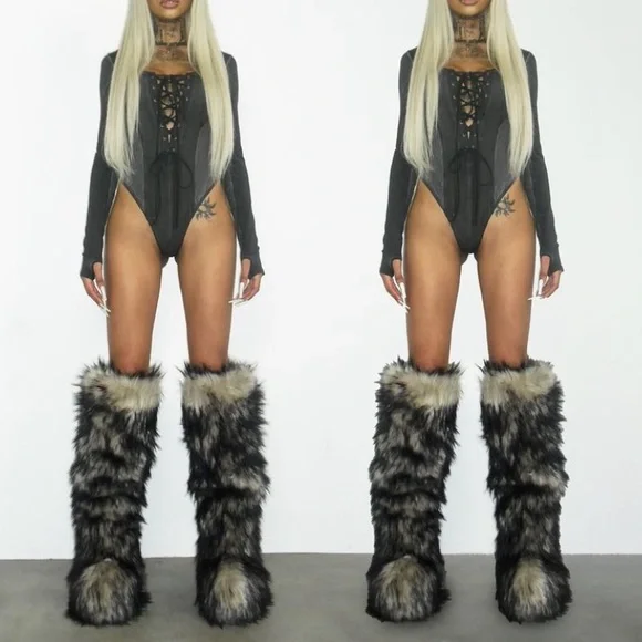 Natural grey thigh high over the knee fur boots size 6 - Picture 7 of 11